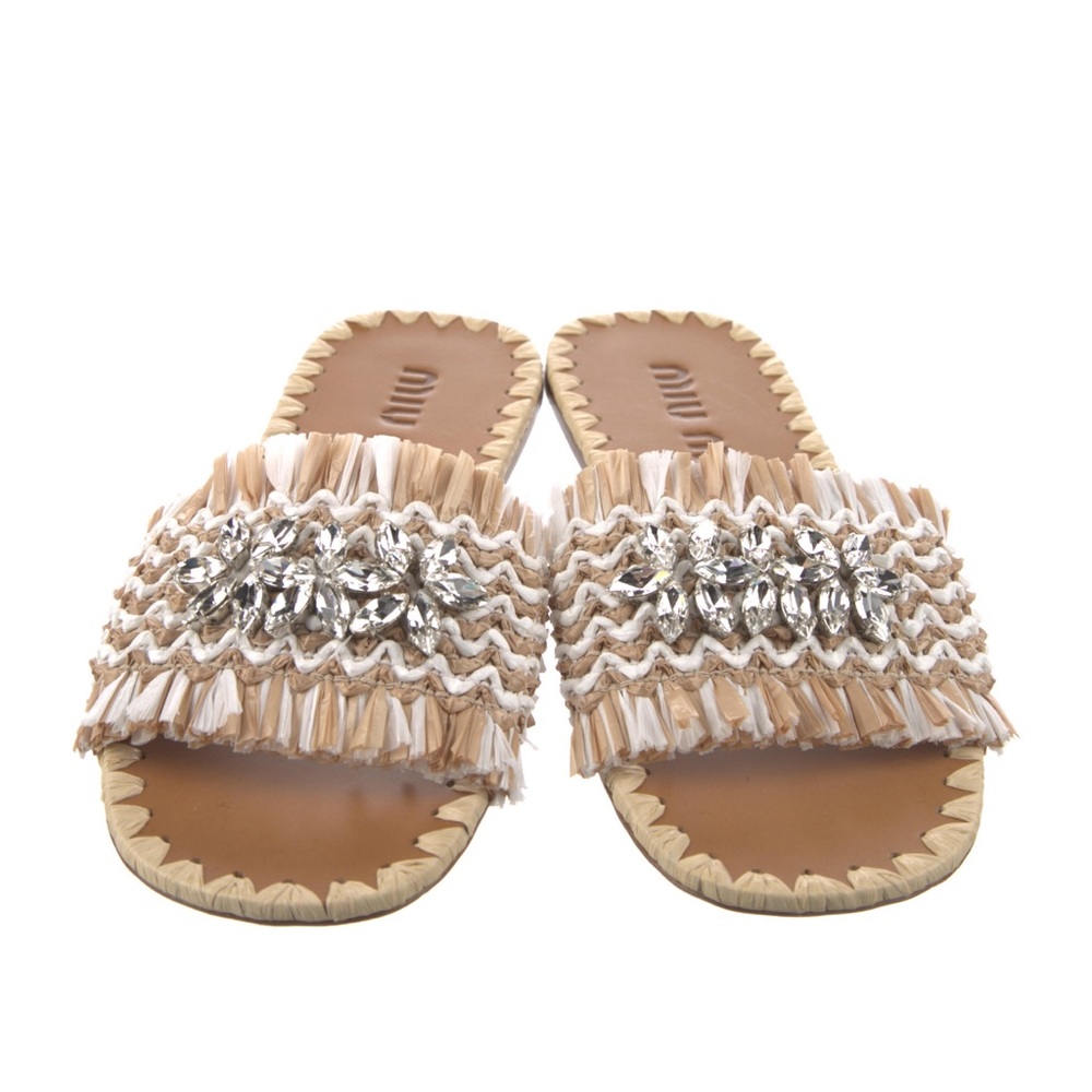 Gorgeous MIU MIU bejeweled raffia slides